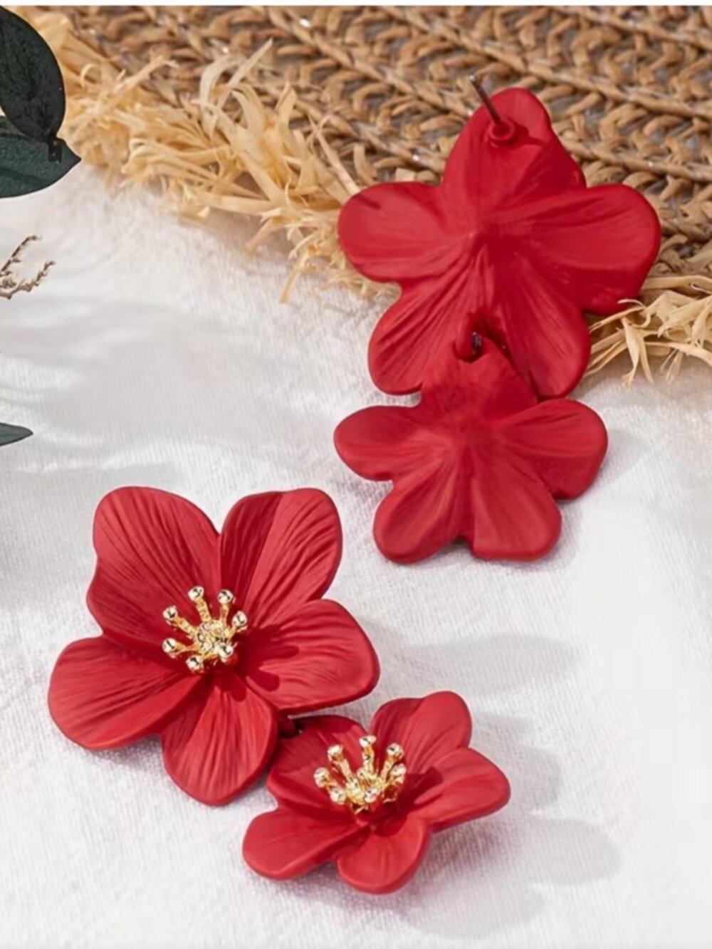 NEW Janey Red and Gold Flower Double Drop Earrings - Picture 5 of 5